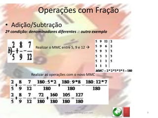 • Adição/Subtração
2ª condição: denominadores diferentes :: outro exemplo
Operações com Fração
Realizar o MMC entre 5, 9 e 12 
Realizar as operações com o novo MMC
_ __
_ __
_ __
9infoedu-stm.blogspot.com
 