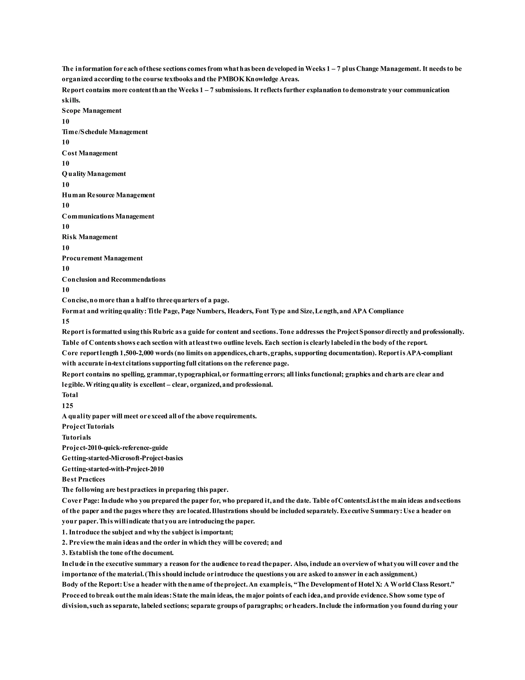 The information foreach ofthese sections comes from whathas been developed in Weeks 1 – 7 plus Change Management. It needs to be
organized according tothe course textbooks and the PMBOKKnowledge Areas.
Report contains more contentthan the Weeks 1 – 7 submissions. It reflects further explanation todemonstrate your communication
skills.
Scope Management
10
Time/Schedule Management
10
Cost Management
10
QualityManagement
10
Human Resource Management
10
Communications Management
10
Risk Management
10
Procurement Management
10
Conclusion and Recommendations
10
Concise,nomore than a halfto threequarters of a page.
Format and writingquality:Title Page, Page Numbers, Headers, Font Type and Size,Length,and APA Compliance
15
Report is formatted usingthis Rubric as a guide for content and sections.Tone addresses the ProjectSponsordirectlyand professionally.
Table of Contents shows each section with atleasttwo outline levels. Each section is clearlylabeledin the bodyof the report.
Core reportlength 1,500-2,000 words (no limits on appendices,charts,graphs, supporting documentation). Reportis APA-compliant
with accurate in-textcitations supportingfull citations on the reference page.
Report contains no spelling, grammar,typographical,or formattingerrors; all links functional; graphics and charts are clear and
legible.Writingquality is excellent – clear, organized,and professional.
Total
125
A qualitypaper will meet orexceed all of the above requirements.
ProjectTutorials
Tutorials
Project-2010-quick-reference-guide
Getting-started-Microsoft-Project-basics
Getting-started-with-Project-2010
Best Practices
The following are bestpractices in preparing this paper.
Cover Page: Include who you prepared the paper for, who prepared it,and the date. Table ofContents:Listthe main ideas andsections
of the paper and the pages where they are located.Illustrations should be included separately. Executive Summary:Use a header on
your paper.This willindicate thatyou are introducingthe paper.
1. Introduce the subject and whythe subject is important;
2. Previewthe main ideas and the order in which they will be covered; and
3. Establish the tone ofthe document.
Include in the executive summary a reason for the audience toread thepaper. Also, include an overviewof whatyou will cover and the
importance of the material.(This should include orintroduce the questions you are asked toanswer in each assignment.)
Body of the Report:Use a header with thename of theproject.An exampleis, “The Developmentof Hotel X: A World Class Resort.”
Proceed tobreak outthe main ideas:State the main ideas, the major points of each idea,and provide evidence.Show some type of
division,such as separate, labeled sections; separate groups of paragraphs; orheaders.Include the information you found during your
 