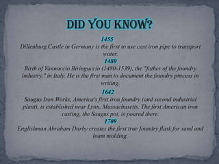 1455 Dillenburg Castle in Germany is the first to use cast iron pipe to transport water.1480 Birth of Vannoccio Biringuccio (1480-1539), the "father of the foundry industry," in Italy. He is the first man to document the foundry process in writing. 1642 Saugus Iron Works, America's first iron foundry (and second industrial plant), is established near Lynn, Massachusetts. The first American iron casting, the Saugus pot, is poured there.1709 Englishman Abraham Darby creates the first true foundry flask for sand and loam molding.Did you know?