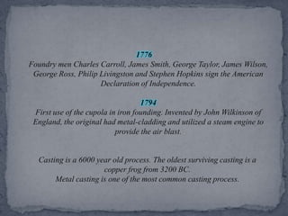 1776 Foundry men Charles Carroll, James Smith, George Taylor, James Wilson, George Ross, Philip Livingston and Stephen Hopkins sign the American Declaration of Independence.1794 First use of the cupola in iron founding. Invented by John Wilkinson of England, the original had metal-cladding and utilized a steam engine to provide the air blast.Casting is a 6000 year old process. The oldest surviving casting is a copper frog from 3200 BC.Metal casting is one of the most common casting process.