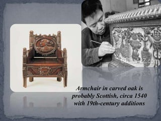 Armchair in carved oak is probably Scottish, circa 1540 with 19th-century additions