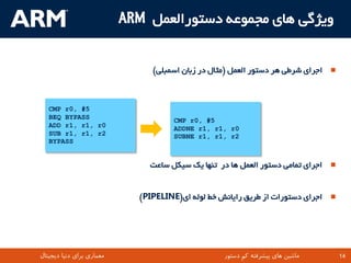 ‫ٍیظگی ّای هجوَػِ دػتَسالؼول ‪ARM‬‬


                                ‫‪ ‬اجشای ؿشطی ّش دػتَس الؼول (هثال دس صتاى اػوثلی)‬



   ‫5# ,0‪CMP r‬‬
   ‫‪BEQ BYPASS‬‬                        ‫5# ,0‪CMP r‬‬
   ‫0‪ADD r1, r1, r‬‬                    ‫0‪ADDNE r1, r1, r‬‬
   ‫2‪SUB r1, r1, r‬‬                    ‫2‪SUBNE r1, r1, r‬‬
   ‫‪BYPASS‬‬


                               ‫‪ ‬اجشای تواهی دػتَس الؼول ّا دس تٌْا یک ػیکل ػاػت‬


                             ‫‪ ‬اجشای دػتَسات اص طشیق سایاًؾ خط لَلِ ای(‪)PIPELINE‬‬




‫معماری برای دنیا دیجیتال‬                   ‫‪TM‬‬      ‫ماشین های پیشرفته کم دستور‬   ‫41‬   ‫41‬
 