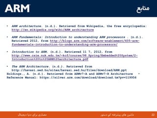 ‫هٌاتغ‬

•   ARM architecture. (n.d.). Retrieved from Wikipedia, the free encyclopedia:
    http://en.wikipedia.org/wiki/ARM_architecture

•   ARM Fundamentals: Introduction to understanding ARM processors . (n.d.).
    Retrieved 2012, from http://blogs.arm.com/software-enablement/605-arm-
    fundamentals-introduction-to-understanding-arm-processors/

•   Introduction to ARM. (n.d.). Retrieved 11 7, 2012, from
    http://www.csie.nuk.edu.tw/~kcf/course/98_Spring/Embedded%20System/2-
    Introduction%20to%20ARM%20architecture.pdf

•   The ARM Architecture. (n.d.). Retrieved from
   http://havasi.sed.hu/sites/havasi.sed.hu/files/download/ARM.ppt
Holdings., A. (n.d.). Retrieved from ARMv7-A and ARMv7-R Architecture   •
Reference Manual: https://silver.arm.com/download/download.tm?pv=119956




       ‫معماری برای دنیا دیجیتال‬              TM     ‫ماشین های پیشرفته کم دستور‬    22     22
 