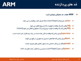 ‫هُذ ّای پشداصًذُ‬

                                                    ‫‪ّ ARM‬فت هذ ػولیاتی تٌیادی داسد:‬          ‫‪‬‬


                      ‫‪User‬هذ غیشهوتاص ‪ unprivileged‬اهکا اجشای اغلة ٍظایف سا هی دّذ‬       ‫‪‬‬


                            ‫‪ٍ FIQ‬قتی کِ یک ٍقفِ تا اٍلَیت تاال (ػشیغ) فؼال هی ؿَد‬        ‫‪‬‬
            ‫‪ٍ IRQ‬قتی کِ یک ٍقفِ تا اٍلیت پاییي(ػشػت هؼوَلی) فؼال هی ؿَد(‪(raised‬‬          ‫‪‬‬


     ‫‪Supervisor‬تشای صهاًی کِ ٍقفِ تِ کاس سفتِ ؿذُ دس یک ًشم افضاس اجشا ؿذُ اػت‬           ‫‪‬‬


                           ‫‪Abort‬تشای صهاًی کِ خطا ّای دػتشی تِ هوَسی سا سفغ هی ؿًَذ‬      ‫‪‬‬


                           ‫‪ٌّUndef‬گام ػش ٍ کاس داؿتي تِ دػتَس الؼول ّای تؼشیف ًـذُ‬       ‫‪‬‬


                  ‫: ‪System‬هذ هوتاص ‪ privileged‬تا دػتشػی تِ ّواى ثثات ّای هذ ‪user‬‬         ‫‪‬‬




‫معماری برای دنیا دیجیتال‬                           ‫‪TM‬‬       ‫ماشین های پیشرفته کم دستور‬   ‫8‬       ‫8‬
 