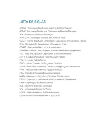 LISTA DE SIGLAS
ABIOVE - Associação Brasileira da Indústria de Óleos Vegetais
ABRAF- Associação Brasileira de Produtores de Florestas Plantadas
AGE - Assessoria de Gestão Estratégica
BRACELPA- Associação Brasileira de Celulose e Papel
CECAT - Centro de Estudos Estratégicos e Capacitação em Agricultura Tropical
CNA - Confederação da Agricultura e Pecuária do Brasil
CONAB - Companhia Nacional de Abastecimento
EMBRAPA Gado de Leite - Empresa Brasileira de Pesquisa Agropecuária
FAO - Food and Agriculture Organization of the United Nations
FAPRI - Food and Agricultural Policy Research Institute
FGV - Fundação Getúlio Vargas
IBGE - Instituto Brasileiro de Geografia e Estatística
ICONE - Instituto de Estudos do Comércio e Negociações Internacionais
IFPRI - International Food Policy Research Institute
IPEA - Instituto de Pesquisa Econômica Aplicada
MAPA - Ministério da Agricultura, Pecuária e Abastecimento
OECD - Organization for Economic Co-Operation and Development
ONU - Organização das Nações Unidas
SGE- Secretaria de Gestão Estratégica
UFV - Universidade Federal de Viçosa
UNICA - União da Indústria de Cana-de-açúcar
USDA - United States Department of Agriculture
 