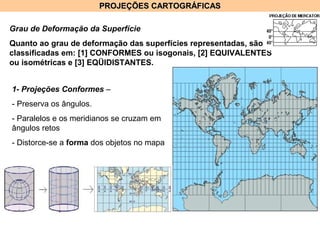PROJEÇÕES CARTOGRÁFICASPROJEÇÕES CARTOGRÁFICAS
Grau de Deformação da Superfície
Quanto ao grau de deformação das superfícies representadas, são
classificadas em: [1] CONFORMES ou isogonais, [2] EQUIVALENTES
ou isométricas e [3] EQÜIDISTANTES.
1- Projeções Conformes –
- Preserva os ângulos.
- Paralelos e os meridianos se cruzam em
ângulos retos
- Distorce-se a forma dos objetos no mapa
 