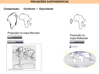 PROJEÇÕES CARTOGRÁFICAS Comparação: Conforme  /  Equivalente Proporção no mapa Mercator Proporção no mapa Mollweide 