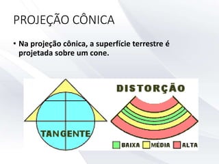 PROJEÇÃO CÔNICA
• Na projeção cônica, a superfície terrestre é
projetada sobre um cone.
 