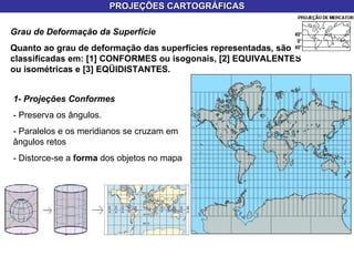 PROJEÇÕES CARTOGRÁFICAS Grau de Deformação da Superfície Quanto ao grau de deformação das superfícies representadas, são classificadas em: [1] CONFORMES ou isogonais, [2] EQUIVALENTES ou isométricas e [3] EQÜIDISTANTES. 1- Projeções Conformes  - Preserva os ângulos.  - Paralelos e os meridianos se cruzam em ângulos retos  - Distorce-se a  forma  dos objetos no mapa  