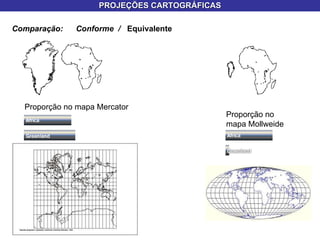 PROJEÇÕES CARTOGRÁFICAS Comparação: Conforme  /  Equivalente Proporção no mapa Mercator Proporção no mapa Mollweide 