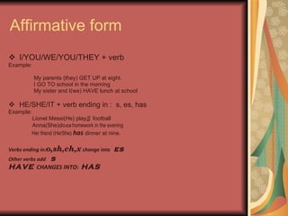 Affirmative form I/YOU/WE/YOU/THEY + verb Example: My parents (they) GET UP at eight. I GO TO school in the morning My sister and I(we) HAVE lunch at school HE/SHE/IT + verb ending in :  s, es, has Example: Lionel Messi(He) play S   football Anna(She)do es  homework in the evening Her friend (He/She)  has  dinner at nine. Verbs ending in: o,sh,ch,x  change into  es Other verbs add   s HAVE  CHANGES INTO:  HAS 