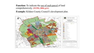 Function: To indicate the use of each parcel of land
comprehensively. (TCPO, 2004, p.iv)
Example: Kildare County Council’s development plan.
 