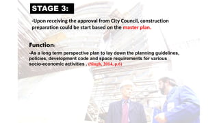 STAGE 3:
Function:
-As a long term perspective plan to lay down the planning guidelines,
policies, development code and space requirements for various
socio-economic activities . (Singh, 2014, p.6)
-Upon receiving the approval from City Council, construction
preparation could be start based on the master plan.
 