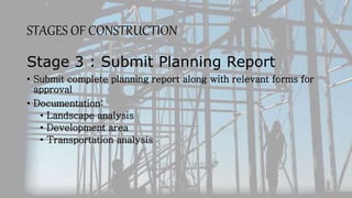 STAGES OF CONSTRUCTION
Stage 3 : Submit Planning Report
• Submit complete planning report along with relevant forms for
approval
• Documentation:
• Landscape analysis
• Development area
• Transportation analysis
 