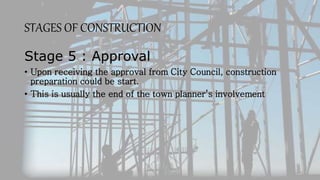 STAGES OF CONSTRUCTION
Stage 5 : Approval
• Upon receiving the approval from City Council, construction
preparation could be start.
• This is usually the end of the town planner’s involvement
 