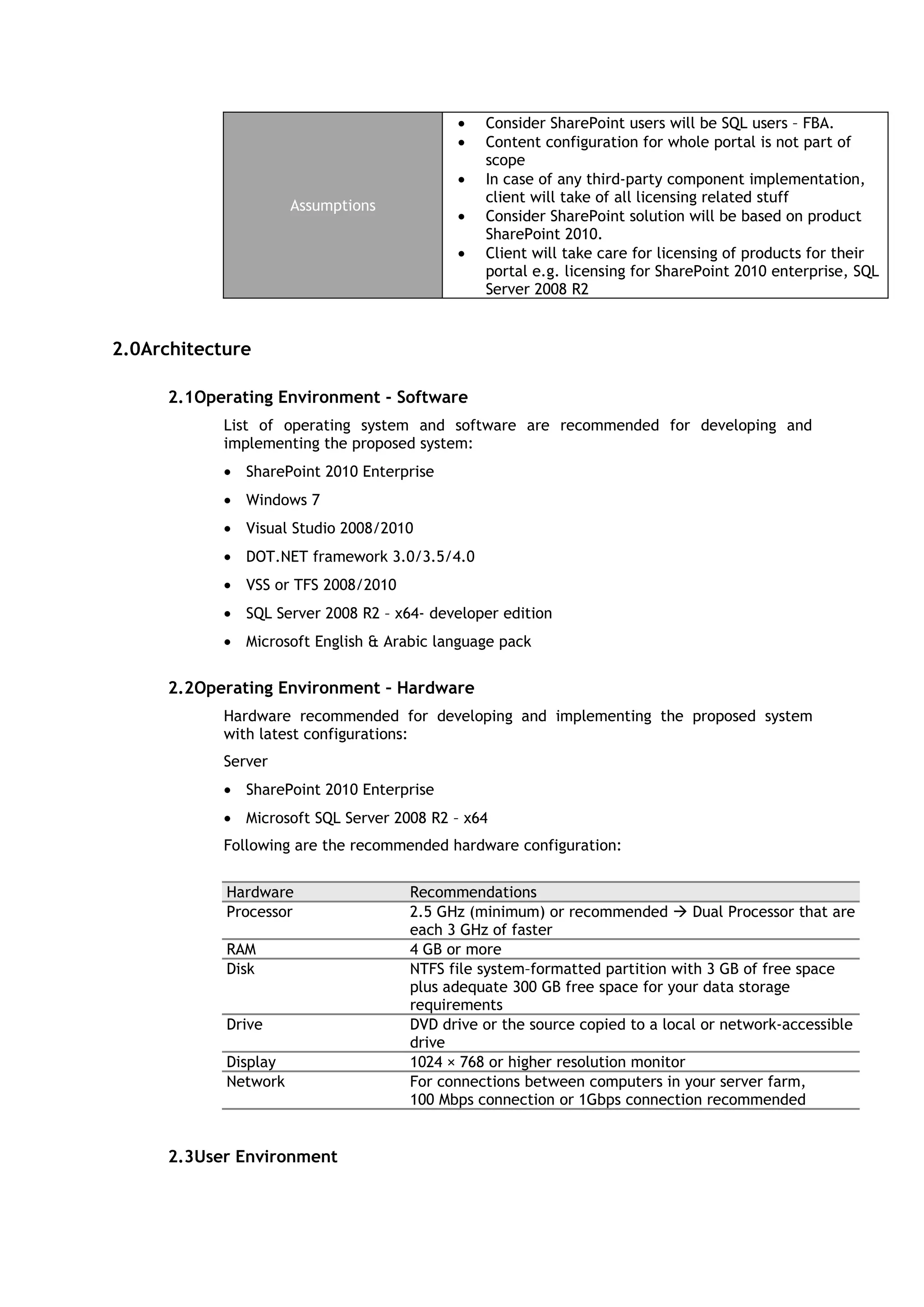 •   Consider SharePoint users will be SQL users – FBA.
                                            •   Content configuration for whole portal is not part of
                                                scope
                                            •   In case of any third-party component implementation,
                                                client will take of all licensing related stuff
                      Assumptions
                                            •   Consider SharePoint solution will be based on product
                                                SharePoint 2010.
                                            •   Client will take care for licensing of products for their
                                                portal e.g. licensing for SharePoint 2010 enterprise, SQL
                                                Server 2008 R2


2.0Architecture

      2.1Operating Environment - Software
            List of operating system and software are recommended for developing and
            implementing the proposed system:
            • SharePoint 2010 Enterprise
            • Windows 7
            • Visual Studio 2008/2010
            • DOT.NET framework 3.0/3.5/4.0
            • VSS or TFS 2008/2010
            • SQL Server 2008 R2 – x64- developer edition
            • Microsoft English & Arabic language pack


      2.2Operating Environment – Hardware
            Hardware recommended for developing and implementing the proposed system
            with latest configurations:
            Server
            • SharePoint 2010 Enterprise
            • Microsoft SQL Server 2008 R2 – x64
            Following are the recommended hardware configuration:


            Hardware                 Recommendations
            Processor                2.5 GHz (minimum) or recommended  Dual Processor that are
                                     each 3 GHz of faster
            RAM                      4 GB or more
            Disk                     NTFS file system–formatted partition with 3 GB of free space
                                     plus adequate 300 GB free space for your data storage
                                     requirements
            Drive                    DVD drive or the source copied to a local or network-accessible
                                     drive
            Display                  1024 × 768 or higher resolution monitor
            Network                  For connections between computers in your server farm,
                                     100 Mbps connection or 1Gbps connection recommended


      2.3User Environment
 