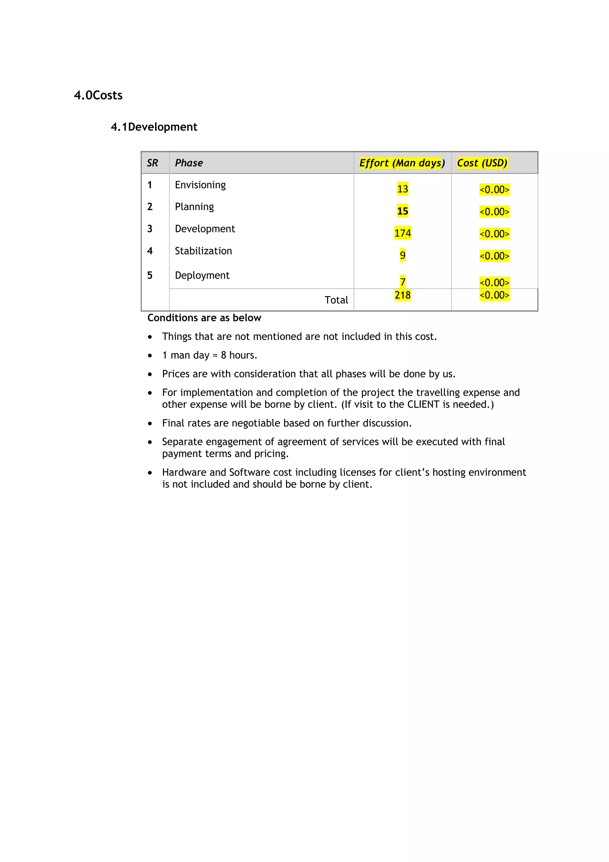 4.0Costs

      4.1Development


           SR   Phase                                    Effort (Man days)       Cost (USD)

           1    Envisioning                                      13                  <0.00>
           2    Planning                                         15                  <0.00>
           3    Development                                     174                  <0.00>
           4    Stabilization                                    9                   <0.00>
           5    Deployment
                                                                 7                   <0.00>
                                                 Total          218                  <0.00>

           Conditions are as below
           • Things that are not mentioned are not included in this cost.
           • 1 man day = 8 hours.
           • Prices are with consideration that all phases will be done by us.
           • For implementation and completion of the project the travelling expense and
             other expense will be borne by client. (If visit to the CLIENT is needed.)
           • Final rates are negotiable based on further discussion.
           • Separate engagement of agreement of services will be executed with final
             payment terms and pricing.
           • Hardware and Software cost including licenses for client’s hosting environment
             is not included and should be borne by client.
 