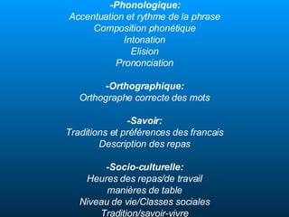 -Phonologique: Accentuation et rythme de la phrase Composition phonétique Intonation Elision Prononciation -Orthographique: Orthographe correcte des mots -Savoir: Traditions et préférences des francais Description des repas -Socio-culturelle: Heures des repas/de travail manières de table Niveau de vie/Classes sociales Tradition/savoir-vivre 