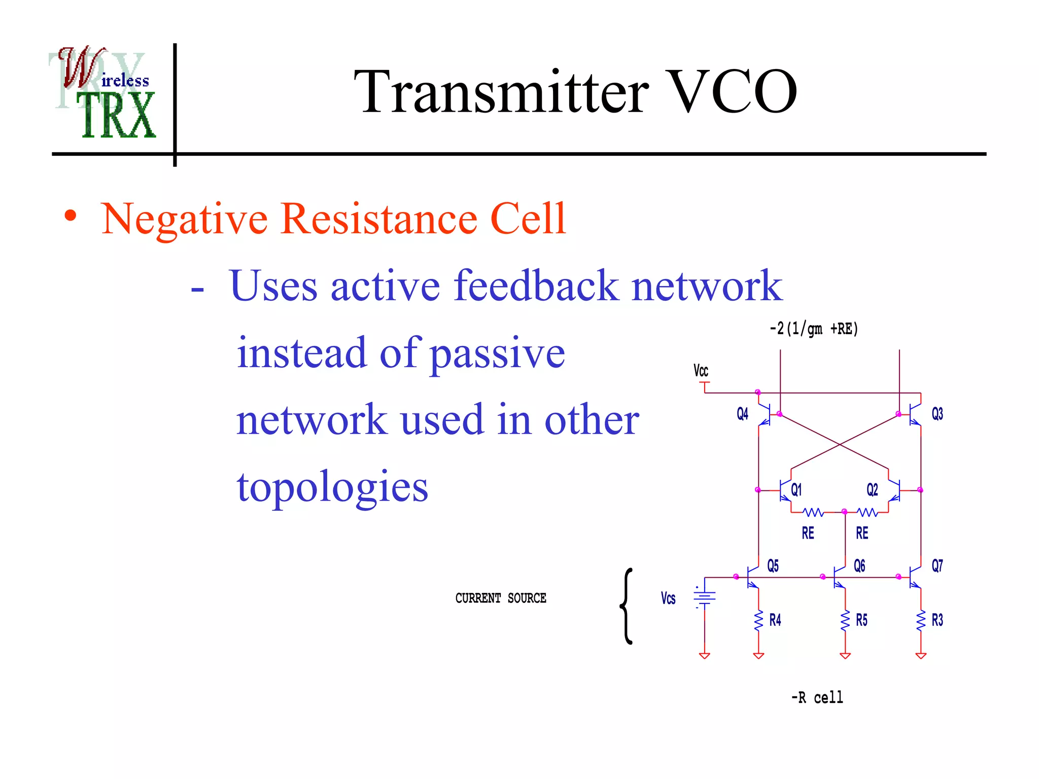 Transmitter VCO
• Negative Resistance Cell
      - Uses active feedback network
                                   -2(1/gm +RE)
         instead of passive                       Vcc


         network used in other                              Q4                                        Q3



         topologies                                                       Q1                 Q2

                                                                           RE           RE




                                        {
                                                                     Q5                 Q6            Q7
                       CURRENT SOURCE       Vcs
                                                                     R4                 R5            R3

                                                        0        0                  0             0

                                                                          -R cell
 