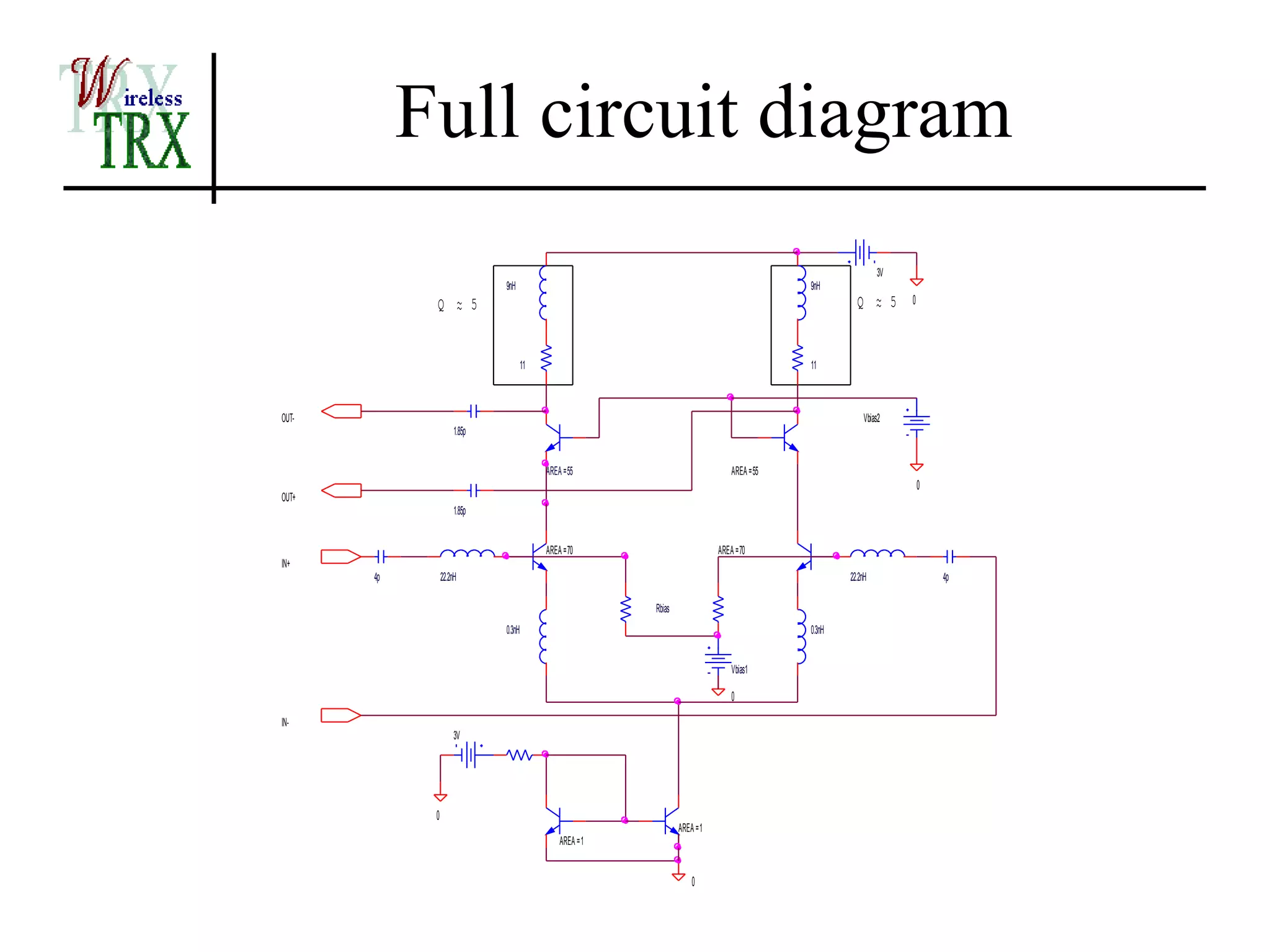 Full circuit diagram
                                                                                                              3V
                              9nH                                                            9nH
             Q ~ 5
               ~                                                                                       Q ~ 5
                                                                                                         ~         0



                                      11                                                     11



OUT-                                                                                                      Vbias2
                      1.85p


                                           AREA = 55                             AREA = 55
                                                                                                                       0
OUT+
                      1.85p


                                           AREA = 70                         AREA = 70
IN+
       4p        22.2nH                                                                              22.2nH                4p

                                                          Rbias
                              0.3nH                                                          0.3nH


                                                                                 Vbias1

                                                                                 0
IN-
                      3V




             0
                                                                  AREA = 1
                                               AREA = 1


                                                                      0
 