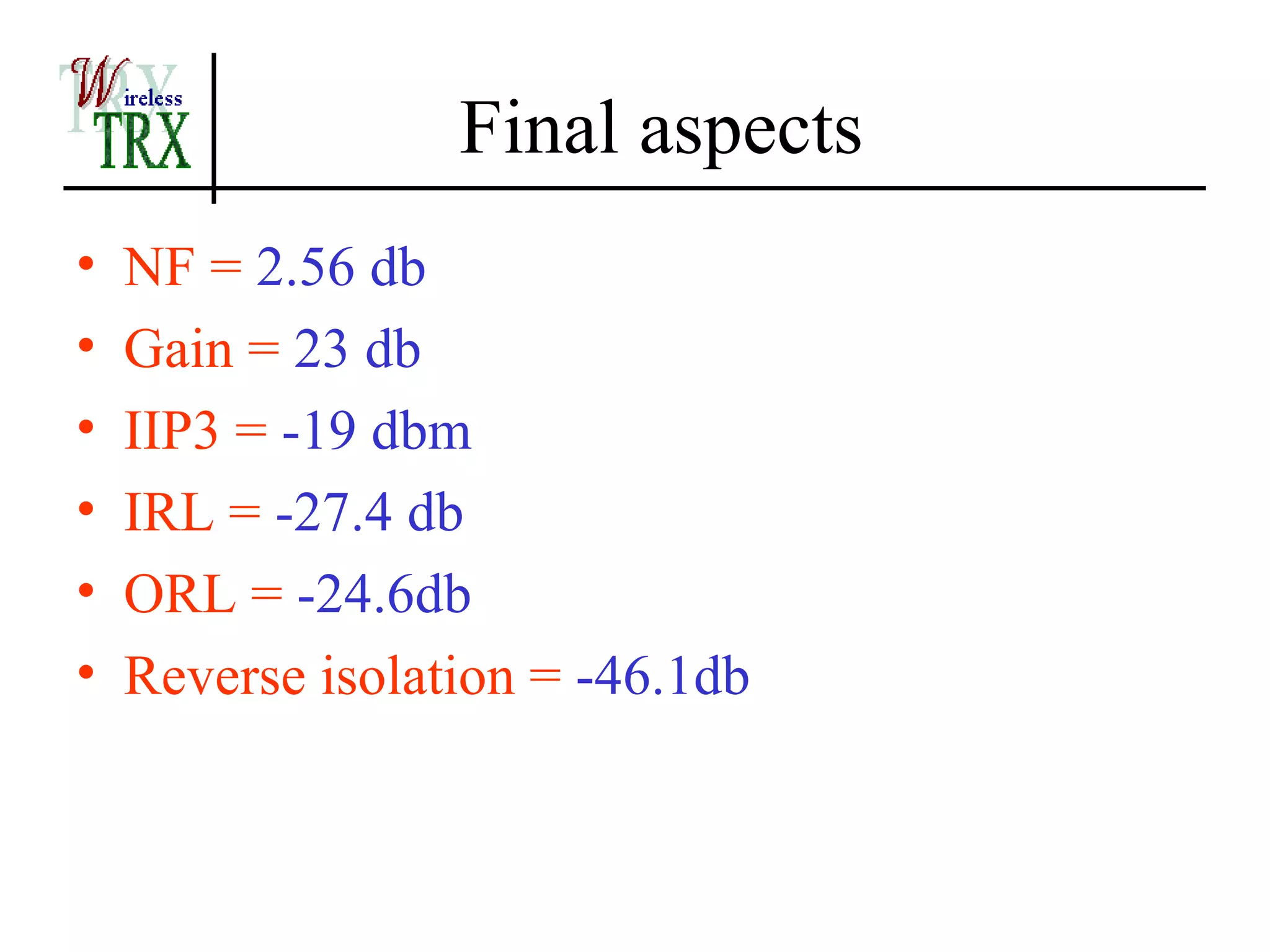 Final aspects
•   NF = 2.56 db
•   Gain = 23 db
•   IIP3 = -19 dbm
•   IRL = -27.4 db
•   ORL = -24.6db
•   Reverse isolation = -46.1db
 