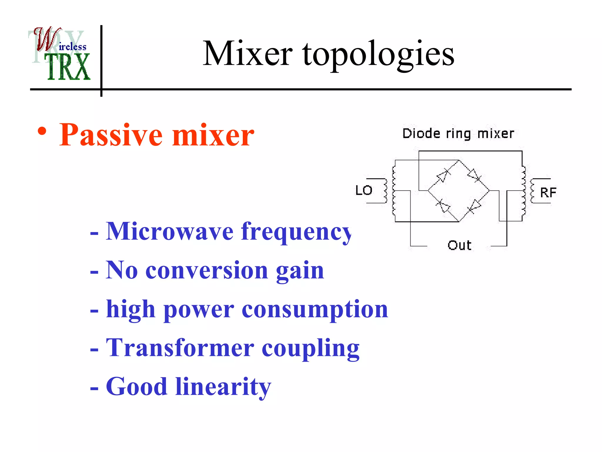 Mixer topologies

• Passive mixer

   - Microwave frequency
   - No conversion gain
   - high power consumption
   - Transformer coupling
   - Good linearity
 