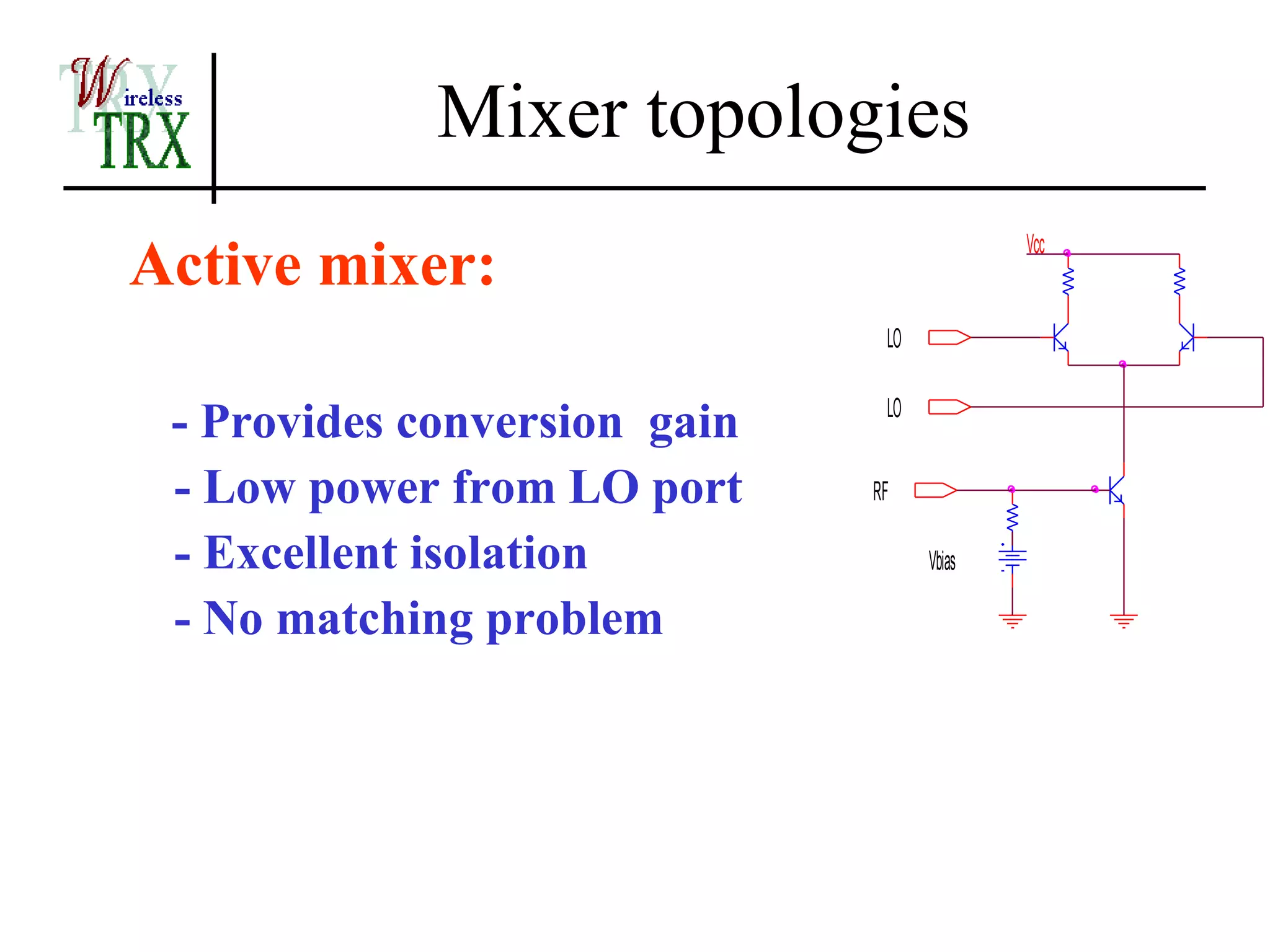 Mixer topologies
Active mixer:                               Vcc


                               LO

                               LO
 - Provides conversion gain
 - Low power from LO port     RF

 - Excellent isolation              Vbias

 - No matching problem
 