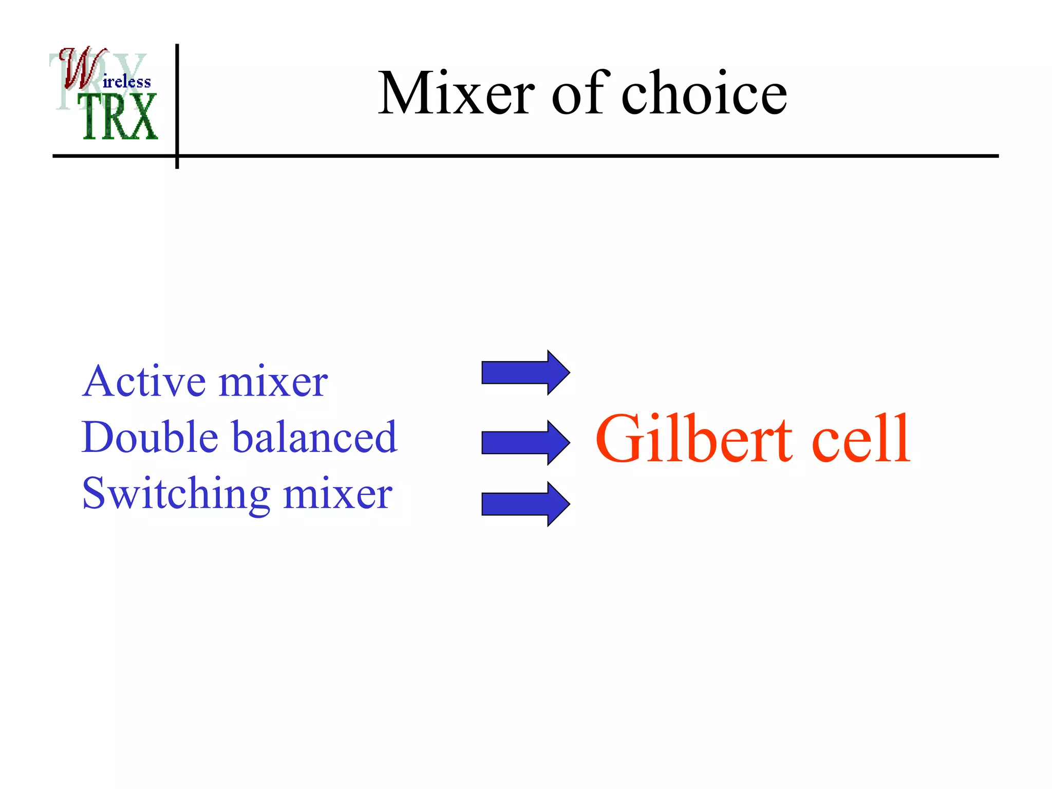 Mixer of choice



Active mixer
Double balanced      Gilbert cell
Switching mixer
 
