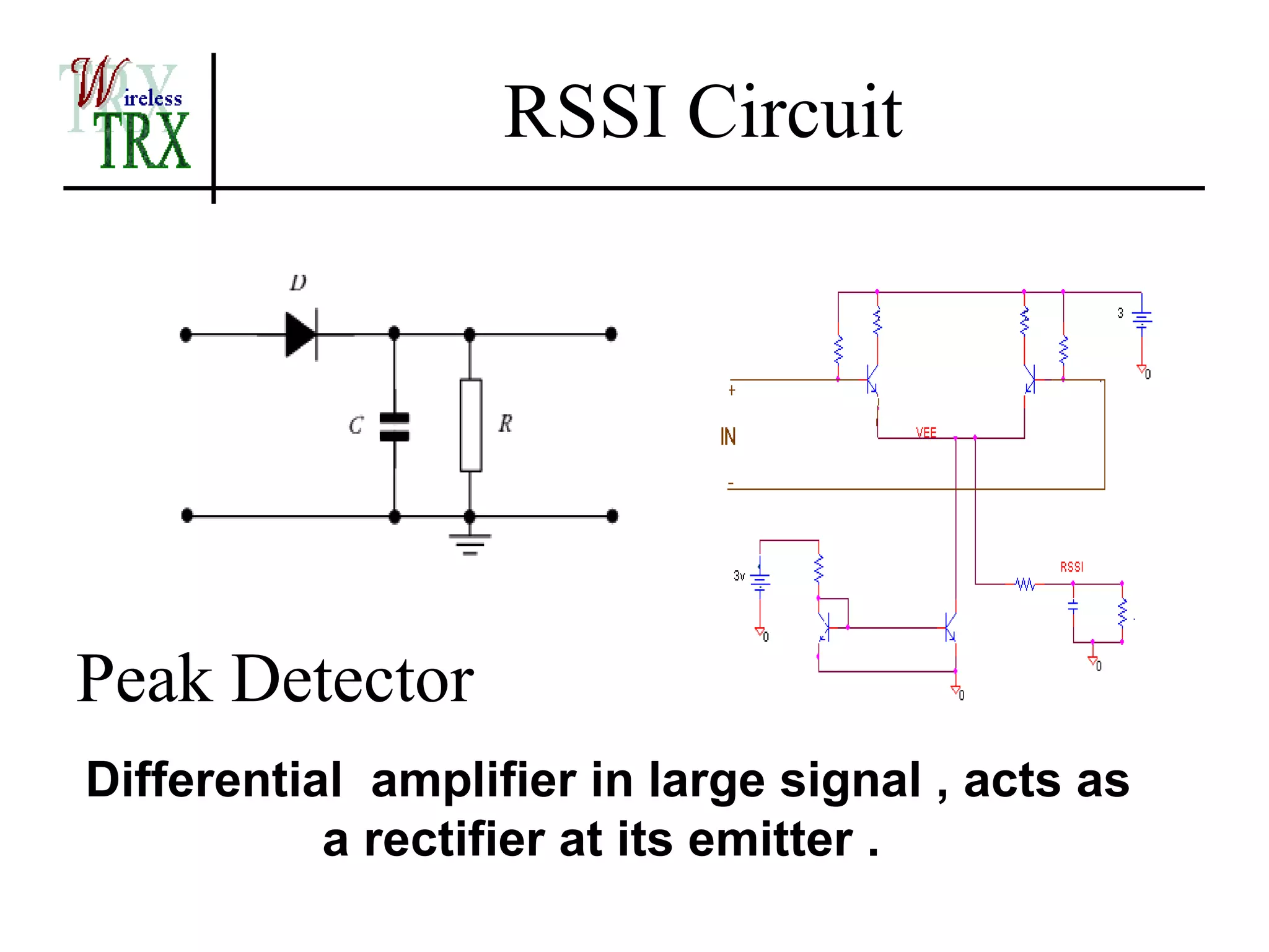 RSSI Circuit




Peak Detector
Differential amplifier in large signal , acts as
           a rectifier at its emitter .
 