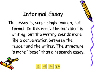 Informal Essay This essay is, surprisingly enough, not formal. In this essay the individual is writing, but the writing sounds more like a conversation between the reader and the writer. The structure is more “loose” than a research essay.  Quit 