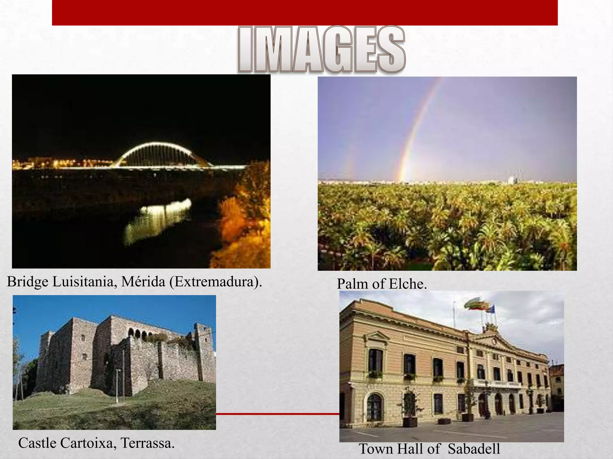 Bridge Luisitania, Mérida (Extremadura).   Palm of Elche.




 Castle Cartoixa, Terrassa.                   Town Hall of Sabadell
 