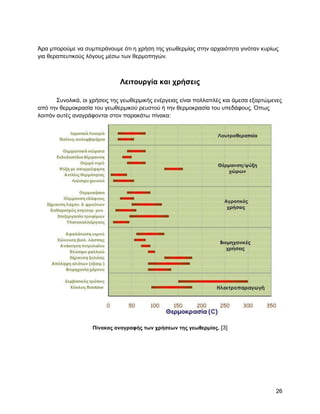 Άξα κπνξνύκε λα ζπκπεξάλνπκε όηη ε ρξήζε ηεο γεσζεξκίαο ζηελ αξραηόηεηα γηλόηαλ θπξίσο
γηα ζεξαπεπηηθνύο ιόγνπο κέζσ ησλ ζεξκνπεγώλ.



                              Λειηοςπγία και σπήζειρ

       ΢πλνιηθά, νη ρξήζεηο ηεο γεσζεξκηθήο ελέξγεηαο είλαη πνιιαπιέο θαη άκεζα εμαξηώκελεο
από ηελ ζεξκνθξαζία ηνπ γεσζεξκηθνύ ξεπζηνύ ή ηελ ζεξκνθξαζία ηνπ ππεδάθνπο. Όπσο
ινηπόλ απηέο αλαγξάθνληαη ζηνλ παξαθάησ πίλαθα:




                    Πίνακαρ αναγπαθήρ ηων σπήζεων ηηρ γεωθεπμίαρ. [3]




                                                                                        26
 