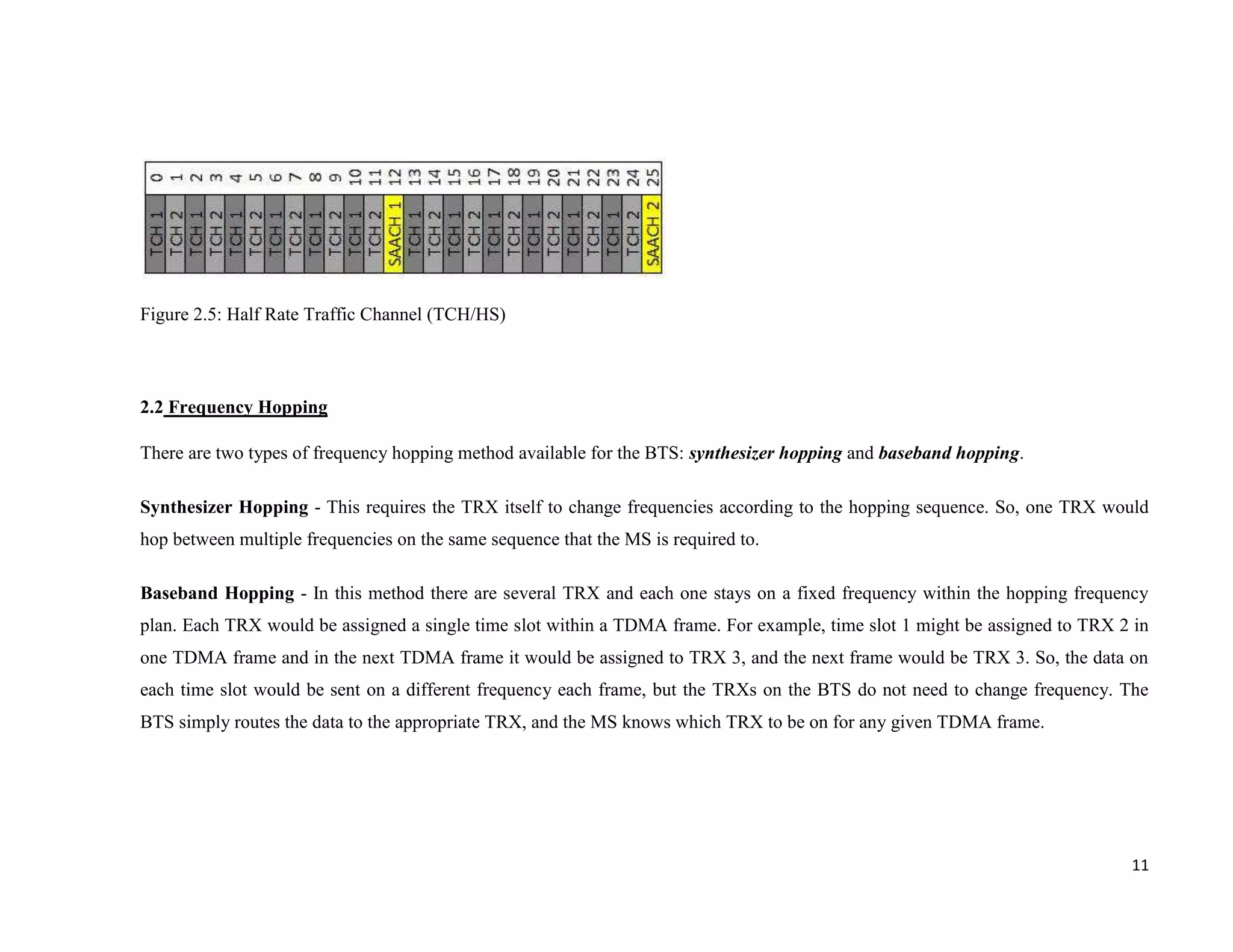 Figure 2.5: Half Rate Traffic Channel (TCH/HS)



2.2 Frequency Hopping

There are two types of frequency hopping method available for the BTS: synthesizer hopping and baseband hopping.

Synthesizer Hopping - This requires the TRX itself to change frequencies according to the hopping sequence. So, one TRX would
hop between multiple frequencies on the same sequence that the MS is required to.

Baseband Hopping - In this method there are several TRX and each one stays on a fixed frequency within the hopping frequency
plan. Each TRX would be assigned a single time slot within a TDMA frame. For example, time slot 1 might be assigned to TRX 2 in
one TDMA frame and in the next TDMA frame it would be assigned to TRX 3, and the next frame would be TRX 3. So, the data on
each time slot would be sent on a different frequency each frame, but the TRXs on the BTS do not need to change frequency. The
BTS simply routes the data to the appropriate TRX, and the MS knows which TRX to be on for any given TDMA frame.




                                                                                                                            11
 