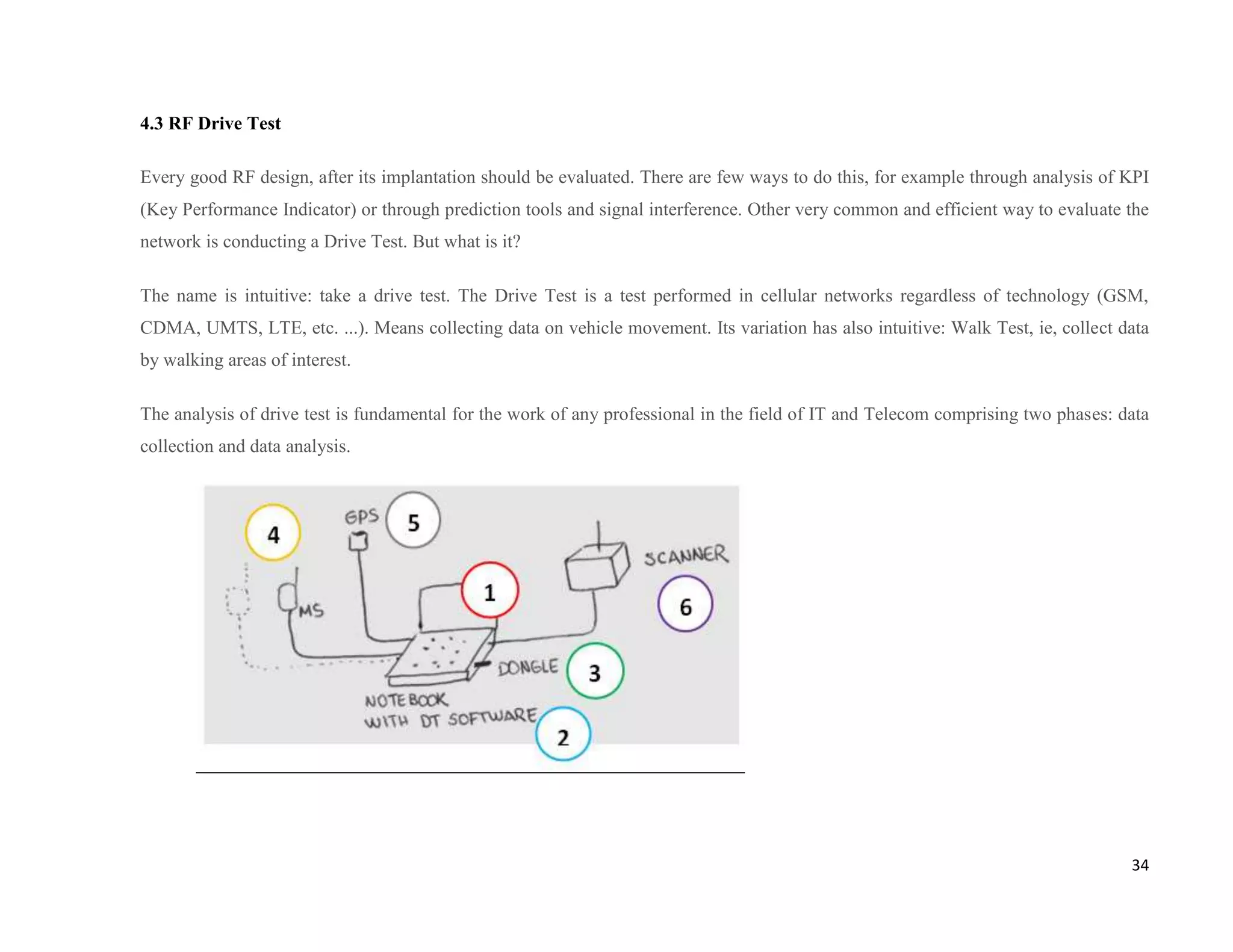 4.3 RF Drive Test

Every good RF design, after its implantation should be evaluated. There are few ways to do this, for example through analysis of KPI
(Key Performance Indicator) or through prediction tools and signal interference. Other very common and efficient way to evaluate the
network is conducting a Drive Test. But what is it?

The name is intuitive: take a drive test. The Drive Test is a test performed in cellular networks regardless of technology (GSM,
CDMA, UMTS, LTE, etc. ...). Means collecting data on vehicle movement. Its variation has also intuitive: Walk Test, ie, collect data
by walking areas of interest.

The analysis of drive test is fundamental for the work of any professional in the field of IT and Telecom comprising two phases: data
collection and data analysis.




                                                                                                                                  34
 