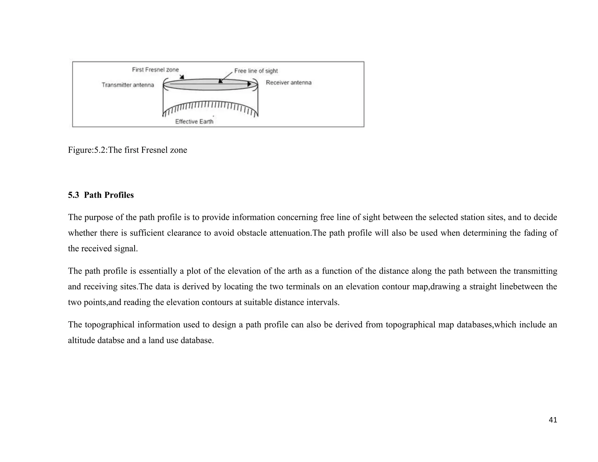 Figure:5.2:The first Fresnel zone



5.3 Path Profiles

The purpose of the path profile is to provide information concerning free line of sight between the selected station sites, and to decide
whether there is sufficient clearance to avoid obstacle attenuation.The path profile will also be used when determining the fading of
the received signal.

The path profile is essentially a plot of the elevation of the arth as a function of the distance along the path between the transmitting
and receiving sites.The data is derived by locating the two terminals on an elevation contour map,drawing a straight linebetween the
two points,and reading the elevation contours at suitable distance intervals.

The topographical information used to design a path profile can also be derived from topographical map databases,which include an
altitude databse and a land use database.




                                                                                                                                      41
 