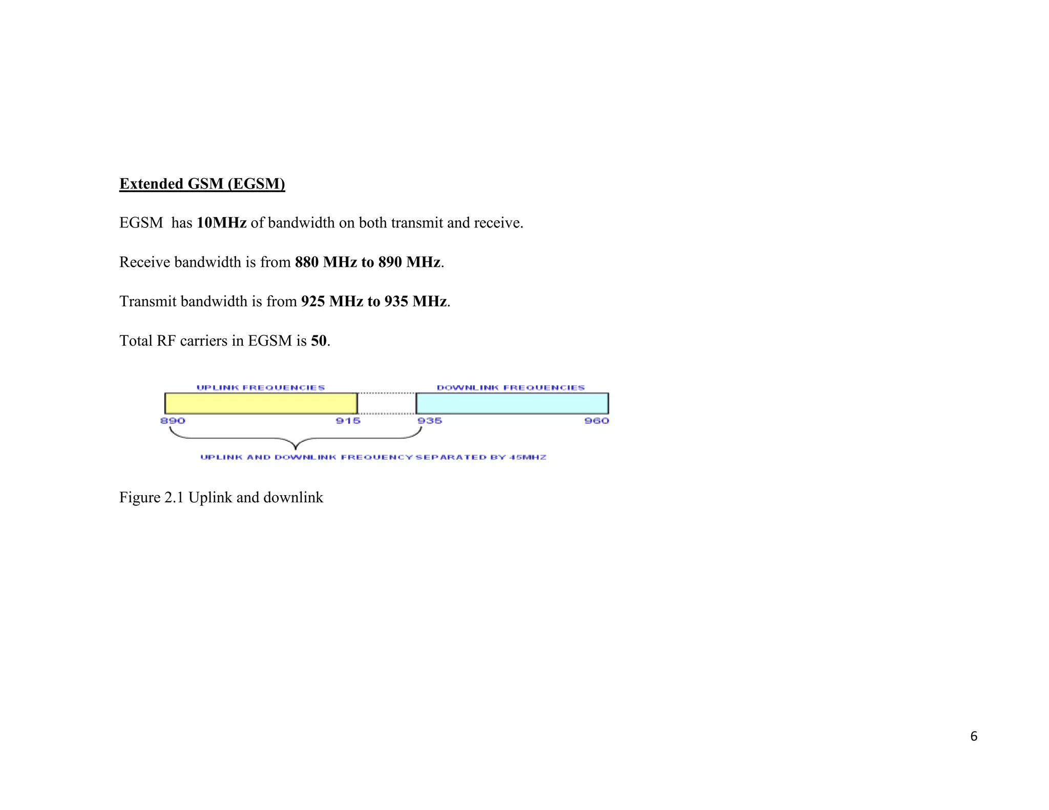 Extended GSM (EGSM)

EGSM has 10MHz of bandwidth on both transmit and receive.

Receive bandwidth is from 880 MHz to 890 MHz.

Transmit bandwidth is from 925 MHz to 935 MHz.

Total RF carriers in EGSM is 50.




Figure 2.1 Uplink and downlink




                                                            6
 
