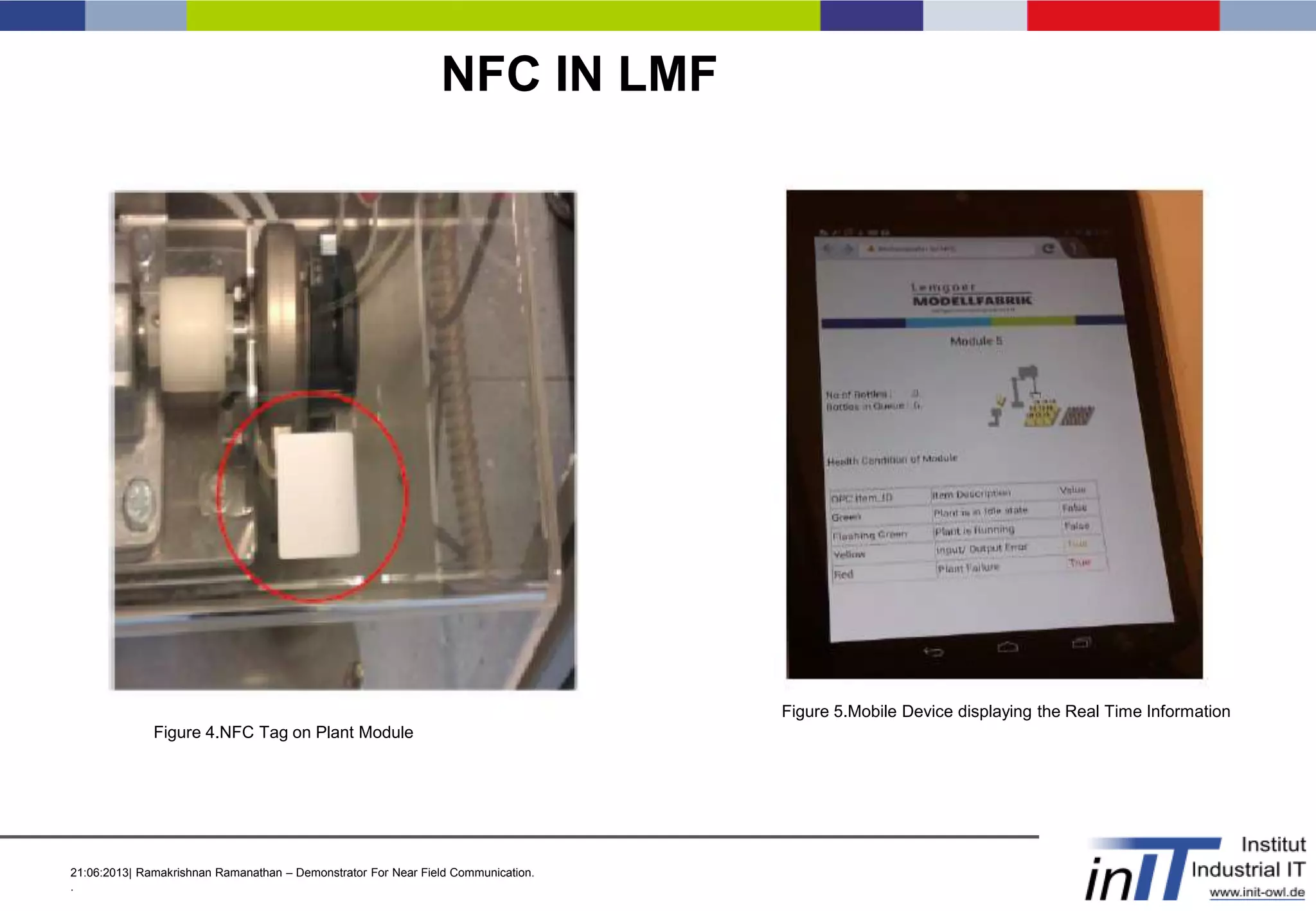 21:06:2013| Ramakrishnan Ramanathan – Demonstrator For Near Field Communication.
.
NFC IN LMF
Figure 4.NFC Tag on Plant Module
Figure 5.Mobile Device displaying the Real Time Information
 