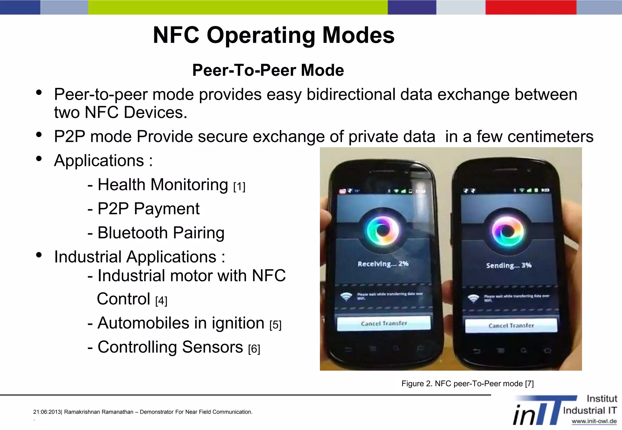 21:06:2013| Ramakrishnan Ramanathan – Demonstrator For Near Field Communication.
.
NFC Operating Modes
Peer-To-Peer Mode
• Peer-to-peer mode provides easy bidirectional data exchange between
two NFC Devices.
• P2P mode Provide secure exchange of private data in a few centimeters
• Applications :
- Health Monitoring [1]
- P2P Payment
- Bluetooth Pairing
• Industrial Applications :
- Industrial motor with NFC
Control [4]
- Automobiles in ignition [5]
- Controlling Sensors [6]
Figure 2. NFC peer-To-Peer mode [7]
 