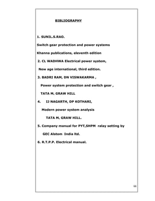 BIBLIOGRAPHY
1. SUNIL.S.RAO.
Switch gear protection and power systems
Khanna publications, eleventh edition
2. CL WADHWA Electrical power system,
New age international, third edition.
3. BADRI RAM, DN VISWAKARMA ,
Power system protection and switch gear ,
TATA Mc GRAW HILL
4. IJ NAGARTH, DP KOTHARI,
Modern power system analysis
TATA Mc GRAW HILL.
5. Company manual for PYT,SHPM ralay setting by
GEC Alstom India ltd.
6. R.T.P.P. Electrical manual.
66
 