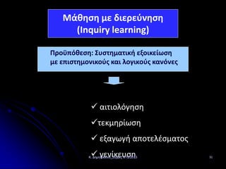 Μάθηση με διερεύνηση
(Inquiry learning)
Προϋπόθεση: Συστηματική εξοικείωση
με επιστημονικούς και λογικούς κανόνες

 αιτιολόγηση

τεκμηρίωση
 εξαγωγή αποτελέσματος
 γενίκευση

Κ. Δημητριάδου_Σέρρες 6/12/2013

31

 