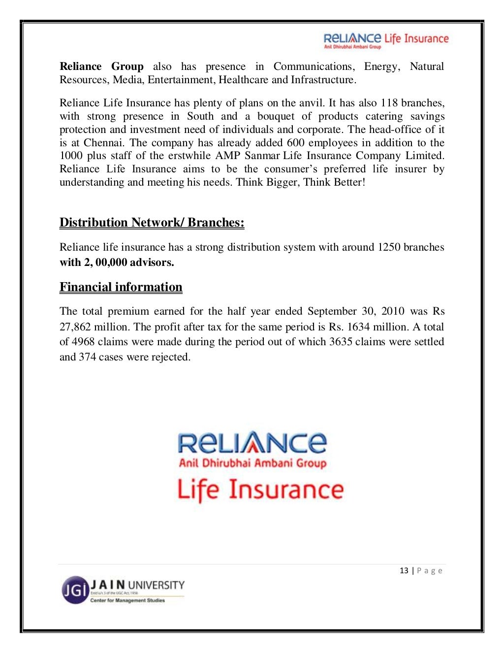 Project on reliance life insurance