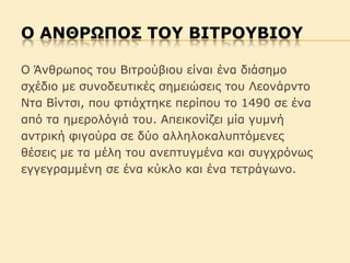 Ξ AΜΘΠΩΟΞΡ ΢ΞΣ ΒΘ΢ΠΞYΒΘΞΣ
Ο Άλζρωπος ηοσ Βηηρούβηοσ είλαη έλα δηάζεµο
ζτέδηο µε ζσλοδεσηηθές ζεµεηώζεης ηοσ Λεολάρληο
Νηα Βίληζη, ποσ θηηάτηεθε περίποσ ηο 1490 ζε έλα
από ηα εµεροιόγηά ηοσ. Απεηθολίδεη µία γσµλή
αληρηθή θηγούρα ζε δύο αιιειοθαισπηόµελες
ζέζεης µε ηα µέιε ηοσ αλεπησγµέλα θαη ζσγτρόλως
εγγεγραµµέλε ζε έλα θύθιο θαη έλα ηεηράγωλο.

 