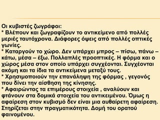 Οη θπβηζηέο δσγξάθνη:
* Βιέπνπλ θαη δσγξαθίδνπλ ην αληηθείκελν από πνιιέο
κεξηέο ηαπηόρξνλα. Γηάθνξεο όςεηο από πνιιέο νπηηθέο
γσλίεο.
* Καηαξγνύλ ην ρώξν. Γελ ππάξρεη κπξνο – πίζσ, πάλσ –
θάησ, κέζα – έμσ. Πνιιαπιέο πξννπηηθέο. Ζ θόξκα θαη ν
ρώξνο κέζα ζηνλ νπνίν ππάξρεη ζπγρένληαη. ΢πγρένληαη
αθόκε θαη ηα ίδηα ηα αληηθείκελα κεηαμύ ηνπο.
* Υξεζηκνπνηνύλ ηελ επαλάιεςε ηεο θόξκαο , γεγνλόο
πνπ δίλεη ηελ αίζζεζε ηεο θίλεζεο.
* Αθαηξώληαο ηα επηκέξνπο ζηνηρεία , αλαιύνπλ θαη
θηάλνπλ ζηα δνκηθά ζηνηρεία ηνπ αληηθεηκέλνπ. Όκσο ε
αθαίξεζε ζηνλ θπβηζκό δελ είλαη κηα απζαίξεηε αθαίξεζε.
΢ηεξίδεηαη ζηελ πξαγκαηηθόηεηα. Γνκή ηνπ νξαηνύ
θαηλνκέλνπ.

 
