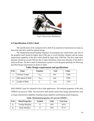 16
Fig 4.1.Bevel Gear Mechanism
4.3 Specification of drive shaft
The specifications of the composite drive shaft of an automotive transmission are same as
that of the steel drive shaft for optimal design.
The fundamental natural bending frequency for passenger cars, small trucks, and vans of
the propeller shaft should be higher than 6,500 rpm to avoid whirling vibration and the torque
transmission capability of the drive shaft should be larger than 3,500 Nm. The drive shaft outer
diameter should not exceed 100 mm due to space limitations. Here outer diameter of the shaft is
taken as 90 mm. The drive shaft of transmission system is to be designed optimally for following
specified design requirements as shown in Table.
Table: Design requirements and specifications
S.No Name Notation Unit Value
1. Ultimate Torque Tmax Nm 3500
2. Max.Speed of shaft Nmax rpm 6500
3. Length of Shaft L mm 1250
Steel (SM45C) used for automotive drive shaft applications. The material properties of the steel
(SM45C) are given in Table. The steel drive shaft should satisfy three design specifications such
as torque transmission capability, buckling torque capability and bending natural frequency.
Table: Mechanical properties of Cast iron (SM45C)
S.No Mech.Properties Symbol Units Cast Iron
1. Youngs Modulus E GPa 105.0
2. Shear Modulus G GPa 36.75
 