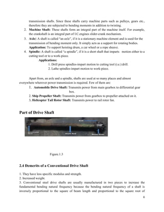 6
transmission shafts. Since these shafts carry machine parts such as pulleys, gears etc.,
therefore they are subjected to bending moments in addition to twisting.
2. Machine Shaft: These shafts form an integral part of the machine itself. For example,
the crankshaft is an integral part of I.C.engines slider-crank mechanism.
3. Axle: A shaft is called “an axle”, if it is a stationary machine element and is used for the
transmission of bending moment only. It simply acts as a support for rotating bodies.
Application: To support hoisting drum, a car wheel or a rope sheave.
4. Spindle: A shaft is called “a spindle”, if it is a short shaft that imparts motion either to a
cutting tool or to a work-piece.
Applications:
1. Drill press spindles-impart motion to cutting tool (i.e.) drill.
2. Lathe spindles-impart motion to work-piece.
Apart from, an axle and a spindle, shafts are used at so many places and almost
everywhere wherever power transmission is required. Few of them are:
1. Automobile Drive Shaft: Transmits power from main gearbox to differential gear
box.
2. Ship Propeller Shaft: Transmits power from gearbox to propeller attached on it.
3. Helicopter Tail Rotor Shaft: Transmits power to rail rotor fan.
Part of Drive Shaft
Bevel GearShaft Rod
Bolt
Bfront evel
Gear
Figure.1.3
2.4 Demerits of a Conventional Drive Shaft
1. They have less specific modulus and strength.
2. Increased weight.
3. Conventional steel drive shafts are usually manufactured in two pieces to increase the
fundamental bending natural frequency because the bending natural frequency of a shaft is
inversely proportional to the square of beam length and proportional to the square root of
 