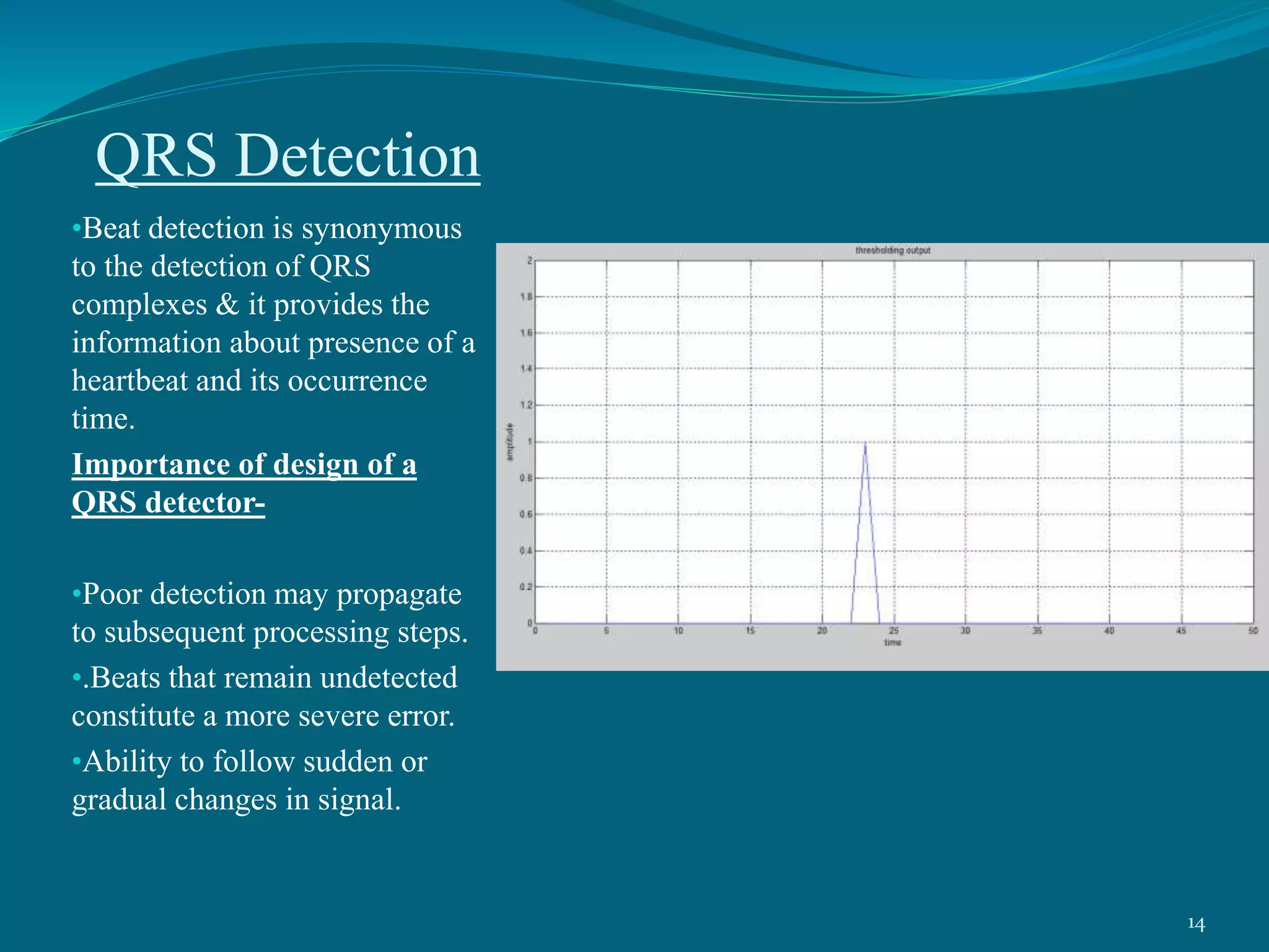 QRS Detection
•Beat detection is synonymous
to the detection of QRS
complexes & it provides the
information about presence of a
heartbeat and its occurrence
time.
Importance of design of a
QRS detector-
•Poor detection may propagate
to subsequent processing steps.
•.Beats that remain undetected
constitute a more severe error.
•Ability to follow sudden or
gradual changes in signal.
14
 