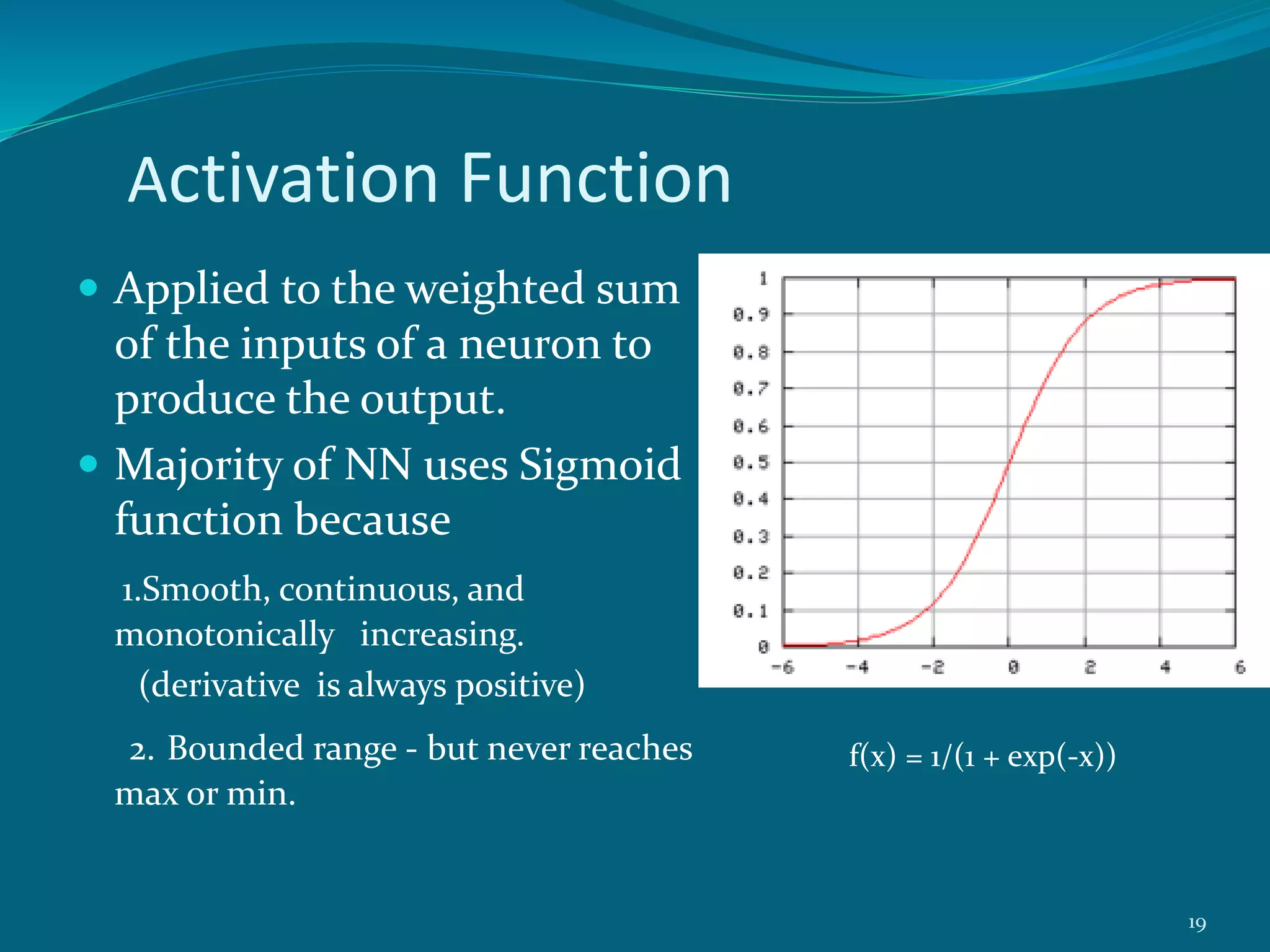 Activation Function
 Applied to the weighted sum
of the inputs of a neuron to
produce the output.
 Majority of NN uses Sigmoid
function because
1.Smooth, continuous, and
monotonically increasing.
(derivative is always positive)
2. Bounded range - but never reaches
max or min.
f(x) = 1/(1 + exp(-x))
19
 
