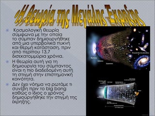  Κοσμολογική θεωρία
σύμφωνα με την οποία
το σύμπαν δημιουργήθηκε
από μια υπερβολικά πυκνή
και θερμή κατάσταση, πριν
από περίπου 13,7
δισεκατομμύρια χρόνια.
 Η θεωρία αυτή για τη
δημιουργία του σύμπαντος
είναι η πιο διαδεδομένη αυτή
τη στιγμή στην επιστημονική
κοινότητα.
 Δεν έχει νόημα να ρωτάμε τι
συνέβη πριν το big bang
καθώς ο ίδιος ο χρόνος
δημιουργήθηκε την στιγμή της
έκρηξης.
 