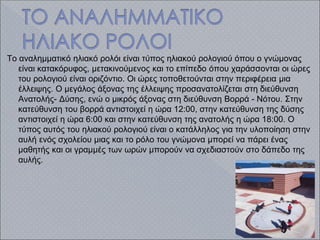 Το αναλημματικό ηλιακό ρολόι είναι τύπος ηλιακού ρολογιού όπου ο γνώμονας
είναι κατακόρυφος, μετακινούμενος και το επίπεδο όπου χαράσσονται οι ώρες
του ρολογιού είναι οριζόντιο. Οι ώρες τοποθετούνται στην περιφέρεια μια
έλλειψης. Ο μεγάλος άξονας της έλλειψης προσανατολίζεται στη διεύθυνση
Ανατολής- Δύσης, ενώ ο μικρός άξονας στη διεύθυνση Βορρά - Νότου. Στην
κατεύθυνση του βορρά αντιστοιχεί η ώρα 12:00, στην κατεύθυνση της δύσης
αντιστοιχεί η ώρα 6:00 και στην κατεύθυνση της ανατολής η ώρα 18:00. Ο
τύπος αυτός του ηλιακού ρολογιού είναι ο κατάλληλος για την υλοποίηση στην
αυλή ενός σχολείου μιας και το ρόλο του γνώμονα μπορεί να πάρει ένας
μαθητής και οι γραμμές των ωρών μπορούν να σχεδιαστούν στο δάπεδο της
αυλής.
 