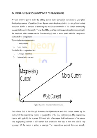 2.2 WHAT CAN BE DONE TO IMPROVE POWER FACTOR?
We can improve power factor by adding power factor correction capacitors to your plant
distribution system. Capacitive Power Factor correction is applied to circuits which include
induction motors as a means of reducing the inductive component of the current and thereby
reduce the losses in the supply. There should be no effect on the operation of the motor itself.
An induction motor draws current from the supply that is made up of resistive components
and inductive components
The resistive components are:
I. Load current
II. Loss current
The inductive components are
I. Leakage reactance
II. Magnetizing current
Fig 2.2: Induction motor current components.
The current due to the leakage reactance is dependent on the total current drawn by the
motor, but the magnetizing current is independent of the load on the motor. The magnetizing
current will typically be between 20% and 60% of the rated full load current of the motor.
The magnetizing current is the current that establishes the flux in the iron and is very
necessary if the motor is going to operate. The magnetizing current does not actually
 